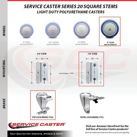 Service Caster 5 Inch Blue Polyurethane Wheel Swivel 7/8 Inch Square Stem Caster Brakes, 2PK SCC-SQ20S514-PPUB-BLUE-TLB-78-2-S-2